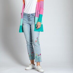 APNY Apparel Blue Floral Embroidered Straight Leg‎ Jeans Raw Frayed Hem